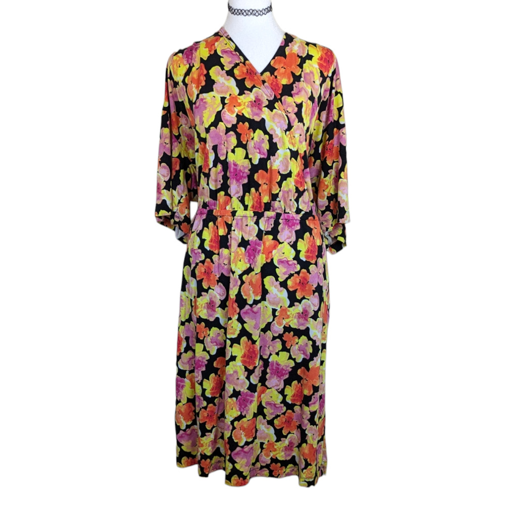 J Jason Wu Black Orange Yellow Fall  Faux Wrap  Autumn Fall Floral Dress L